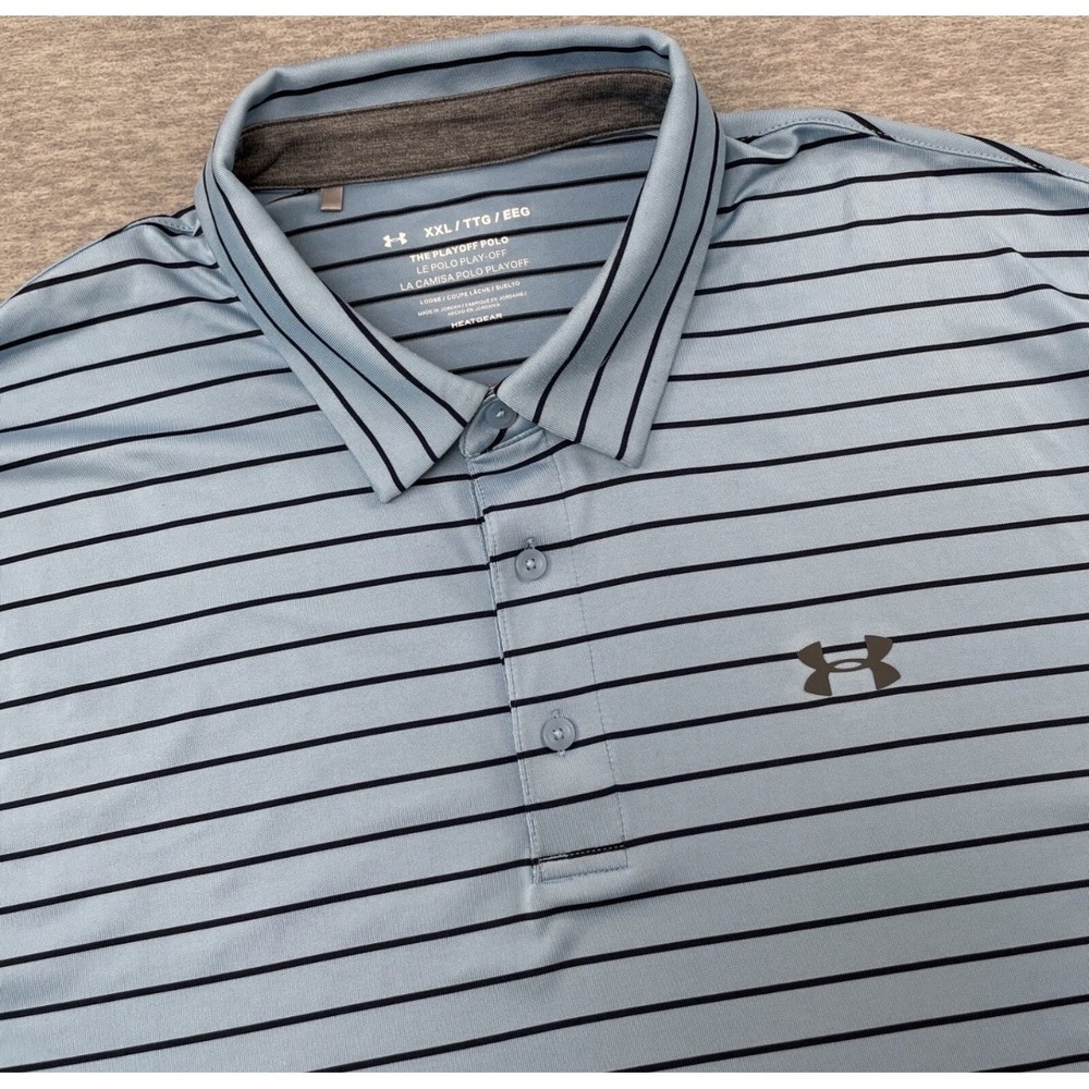 Under Armour UA Shirt Mens Large The Playoff Polo Blue Striped Short Sleeve